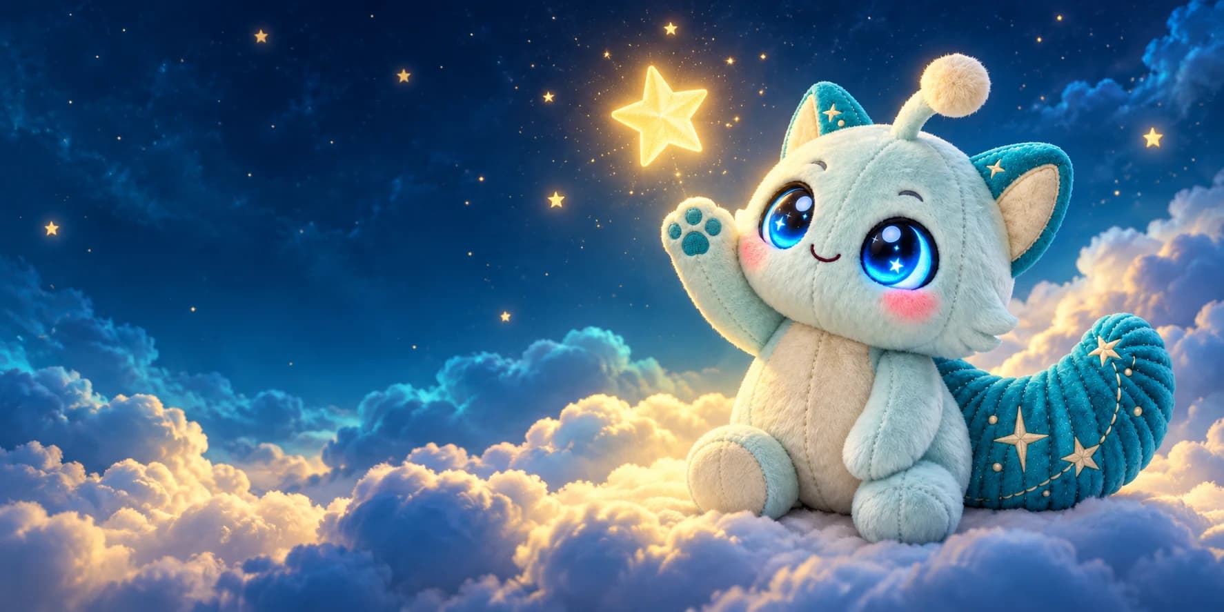 Lumi sobre as nuvens, estendendo a patinha em direção a uma estrela dourada